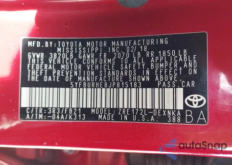 2018 Toyota Corolla Le from USA, damaged, VIN 5YFBURHE8JP815183